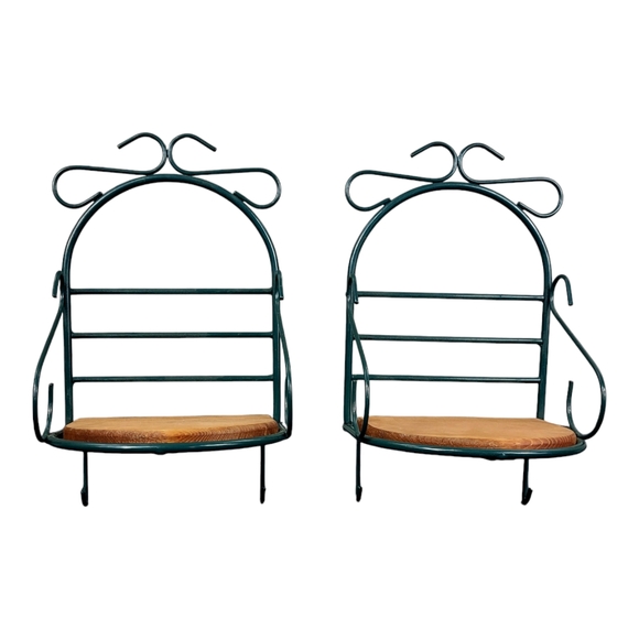 Pair of Metal Wall Hanging Shelves Green Metal Wood Base Hooks On Bottom 12x7x6 - Picture 7 of 7